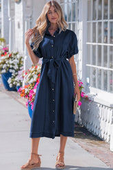 Button Through Belted Denim Midi Shirt Dress | Zarnesh