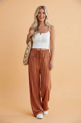 Buttoned Striped Wide Leg Pants with Tie Waist | Zarnesh