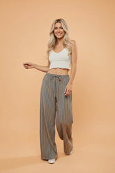 Buttoned Striped Wide Leg Pants with Tie Waist | Zarnesh