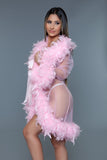Women’s Lux Short Sheer Feather Trim Front Tie Lingerie Robe | Zarnesh