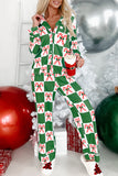 Person wearing a green and red checkered pajama set with festive decorations.