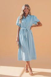 Collared Denim Puff Sleeve Buttoned Midi Dress | Zarnesh