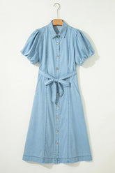 Collared Denim Puff Sleeve Buttoned Midi Dress | Zarnesh