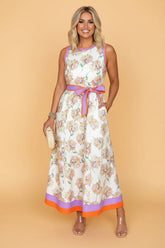 Colorblock Floral Sunlit Trim Belted Maxi Dress | Zarnesh