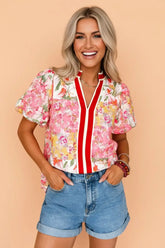 Contrast Trim Floral Collared Puff Sleeve Blouse | Zarnesh