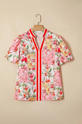 Contrast Trim Floral Collared Puff Sleeve Blouse | Zarnesh