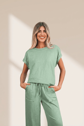 Cuffed Short Sleeve Tee Drawstring Pants Set | Zarnesh
