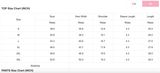 Size chart for tops and pants with measurements in inches and centimeters.