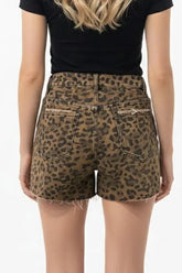Denim Leopard Print Frayed Hem Shorts | Zarnesh