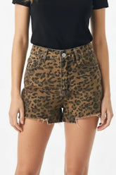 Denim Leopard Print Frayed Hem Shorts | Zarnesh