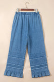 Denim Ruffled Hem Wide Leg Chambray Pants | Zarnesh