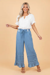 Denim Ruffled Hem Wide Leg Chambray Pants | Zarnesh