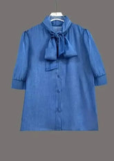 Denim Tie-Neck Puff Sleeve Pussy-Bow Blouse | Zarnesh