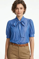 Denim Tie-Neck Puff Sleeve Pussy-Bow Blouse | Zarnesh
