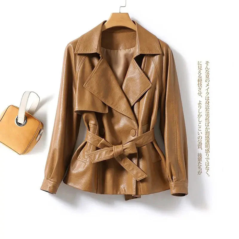 Drop-Shoulder Faux Leather Belted Jacket | Zarnesh