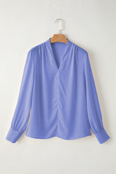 Elegant V-Neck Solid Pleated Long Sleeve Blouse | Zarnesh