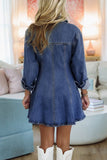 Person wearing a denim dress with white cowboy boots in a living room setting