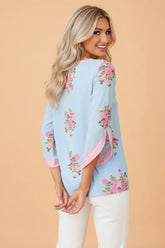Floral Round Neck Button Cuffed 3/4 Sleeve Blouse | Zarnesh