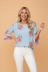 Floral Round Neck Button Cuffed 3/4 Sleeve Blouse | Zarnesh