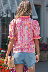 Floral Ruffle Neck Puff Short Sleeve Blouse | Zarnesh