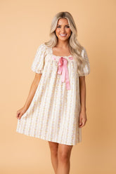 Floral Square Contrast Neck Bow Lace Mini Dress | Zarnesh