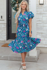 Floral Tiered Belted V-Neckline Long Dress | Zarnesh