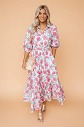 Floral Tiered Puff Sleeve V-Neck Midi Dress | Zarnesh