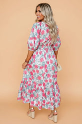 Floral Tiered Puff Sleeve V-Neck Midi Dress | Zarnesh