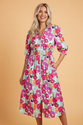 Floral V-Neck Zip Front Puff Sleeve Midi Dress | Zarnesh
