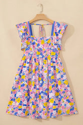 Flutter Sleeve Floral Square Neck Mini Dress | Zarnesh