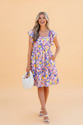 Flutter Sleeve Floral Square Neck Mini Dress | Zarnesh