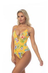 Island Print Lace-Up One Piece Swimsuit | Zarnesh