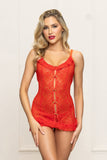 Woman wearing a red lace nightgown against a plain background