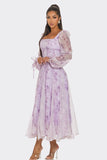 Women Fitted Bodice Square Neckline Lavender Blossom Puff Sleeve Dress Zarnesh