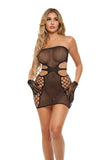 Woman wearing a black fishnet bodysuit on a white background