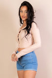 Women Ribbed Scoop Long Sleeve Snap Button Fitted Crop Top Zarnesh