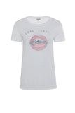 White t-shirt with 'Love Junkie' graphic design on a white background