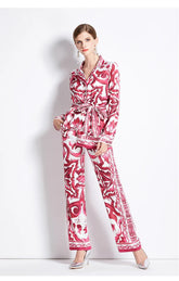 Woman wearing a red and white patterned outfit on a white background