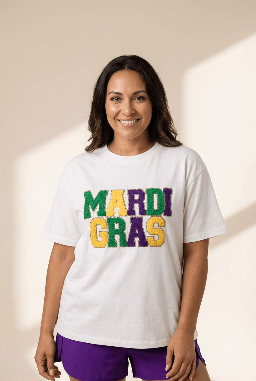 Mardi Gras Chenille Patch Graphic Tee Top | Zarnesh