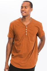 Men Cotton Scallop Shape Short Sleeve Cut Henley Button Shirt Zarnesh