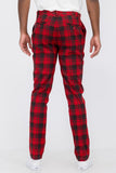 Men Plaid Back Pocket Button Fly Slim Fit Trouser Pants Red Zarnesh