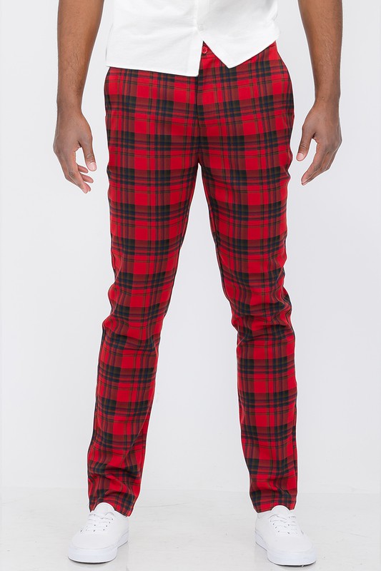 Men Plaid Back Pocket Button Fly Slim Fit Trouser Pants Red Zarnesh