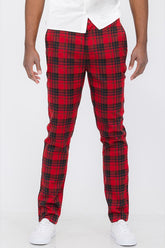 Men Plaid Back Pocket Button Fly Slim Fit Trouser Pants Red Zarnesh