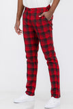 Men Plaid Back Pocket Button Fly Slim Fit Trouser Pants Red Zarnesh