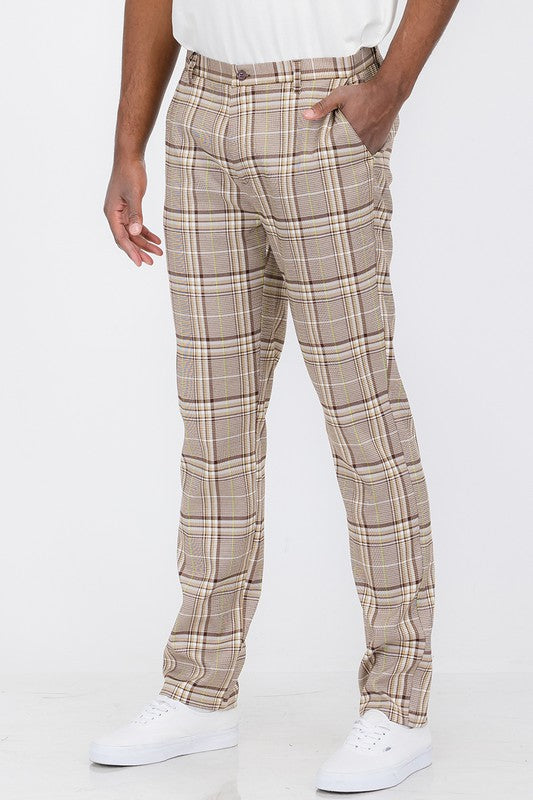 Men Plaid Pattern Slim Fit Button Fly Pockets Trouser Pants Brown Zarnesh
