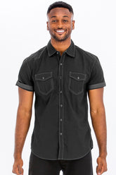 Men Plus Outline Stitch Chest Pocket Short Sleeve Button Shirt Zarnesh