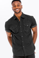 Men Plus Outline Stitch Chest Pocket Short Sleeve Button Shirt Zarnesh