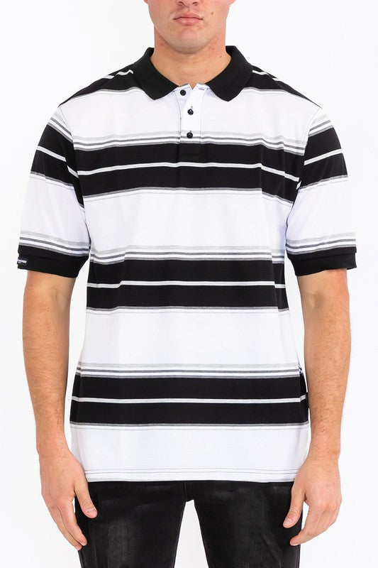 Men Polo Old School Striped Pique Collar Front Button Shirt Zarnesh