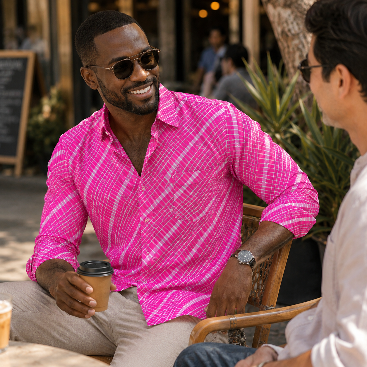Man in a pink shirt holding a coffee cup, sitting outdoors with another person.
