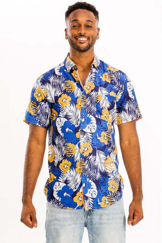 Men's Blue Tropical Hawaiian Floral Button Down Shirt | Zarnesh